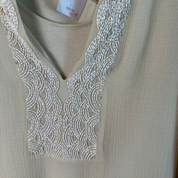 Chico’s cream tunic beaded embroidered collar, sheer with tank liner coastal  - Picture 3 of 10